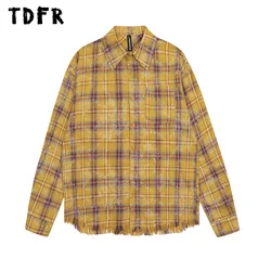 Raw Edge Plaid Long Sleeve Shirts Mens Print Autumn Retro Streetwear Pocket Lapel Single Breasted Shirts Men Tops