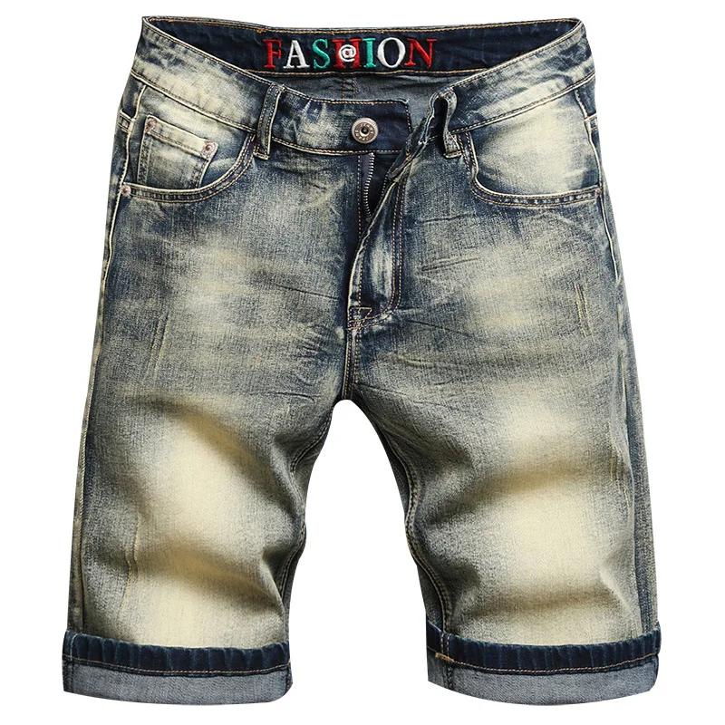 

2024 New Retro Biker's Denim Shorts Men's Summer Slim Straight Street Fashion Casual Distressed Cropped Pants