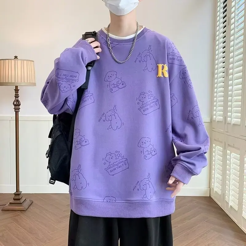 

Autumn Men New in Hoodies & Sweatshirts Cartoon Graphic Top Purple Loose Sweatwear High Quality Original Design Men Clothing