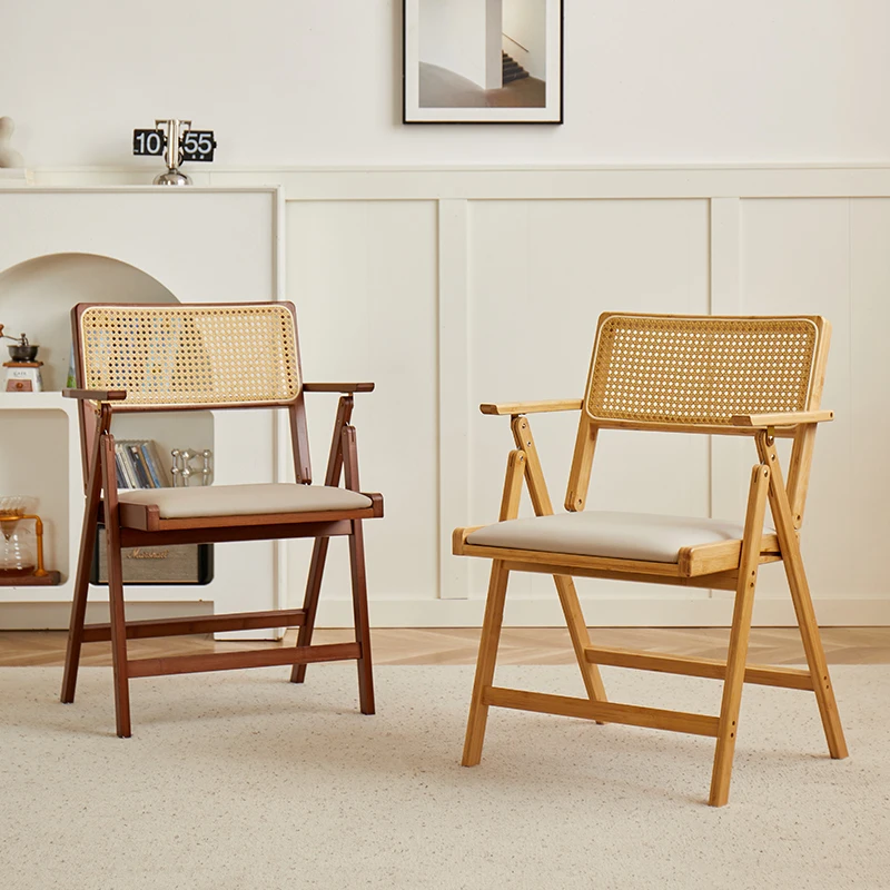 

Foldable Rattan Dining Chair Stackable Armchair with Padded Portable Wooden Chair for Kitchen Designer Upholstered Backrest Seat