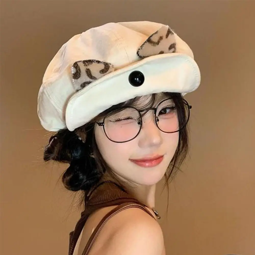 

Ins Vintage Cat Ears Beret Y2k Flipped Brim Painter Berets Leopard Versatile Beanie Cap Summer and Autumn