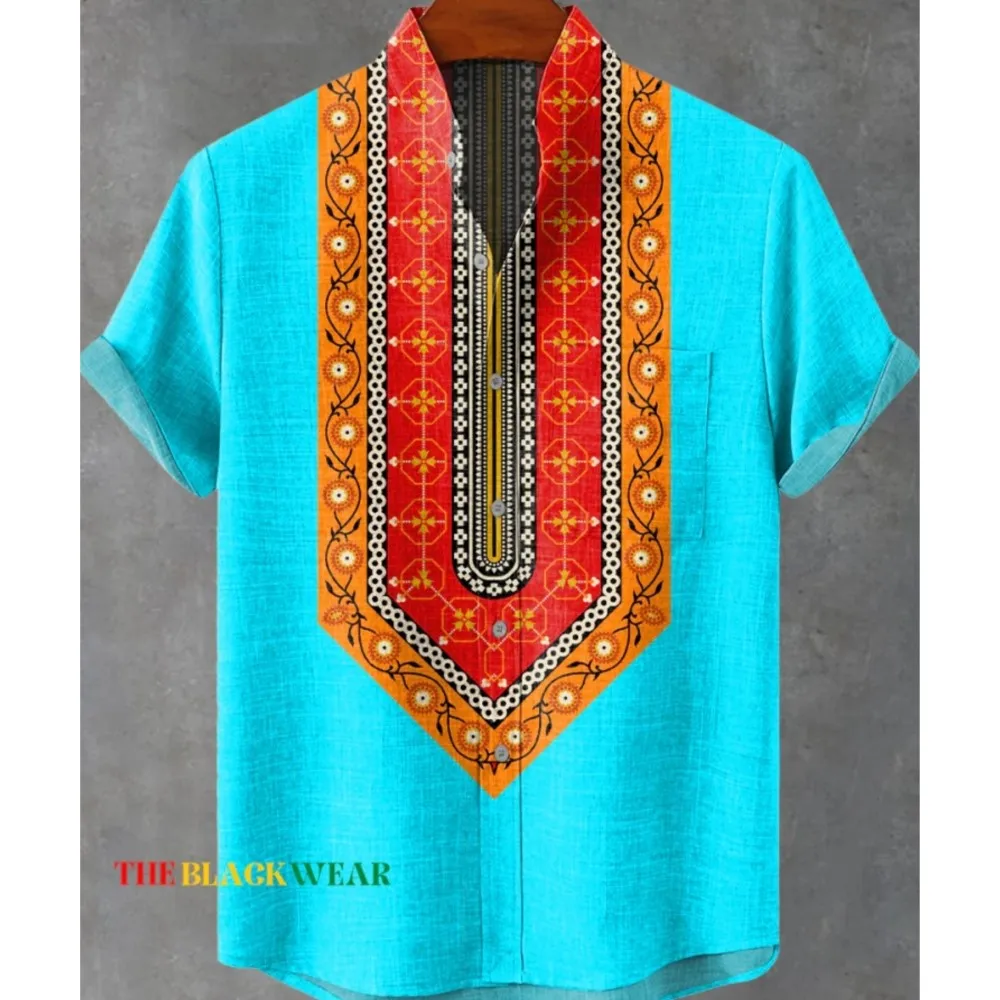 Moslim Kleding Heren 레트로 부족 토템 패턴 인쇄 남성용 리넨 편안한 패브릭 반팔 셔츠 부족 민족 스타일