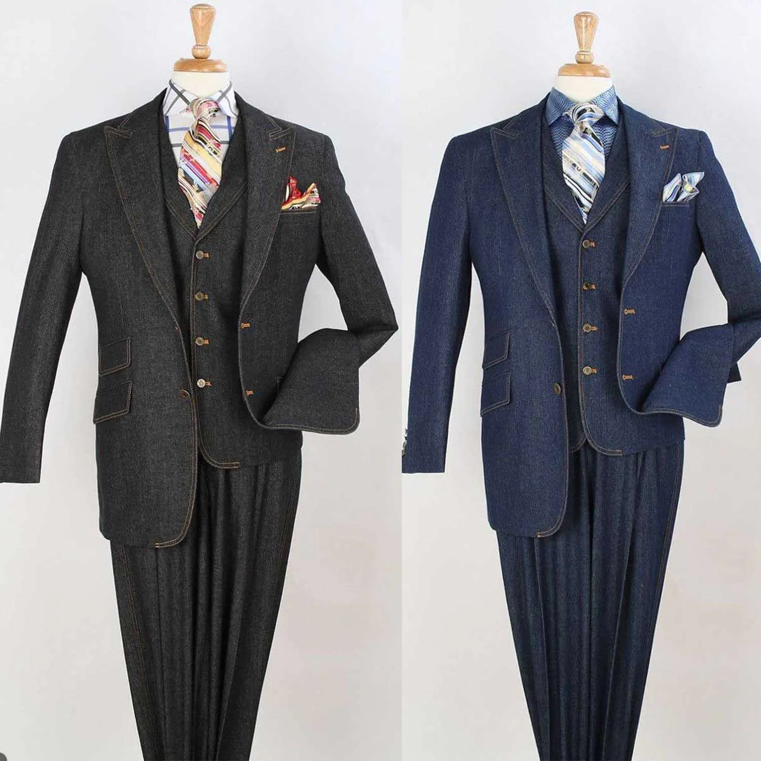 Fashion 3 Pieces Men Suits Tuxedo Denim Peaked Lapel Custom Size Formal Suit Single Breasted 2 Pockets Coat+Vest+Pant