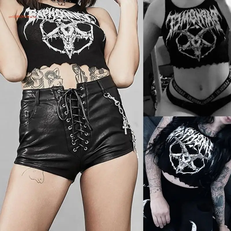 Frauen Gothic Punk Ärmelloses Dünnes Crop Top Goth Grunge Ziege Print Schwarz Leibchen Harajuku Rippen Stricken Dünne Weste Hemd