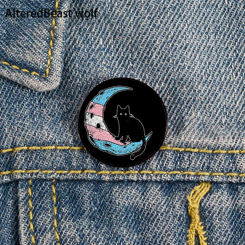 Asexual Pride Moon Cat Pin Custom Brooches Shirt Lapel teacher tote Bag backpacks Badge Cartoon gift brooches pins for women