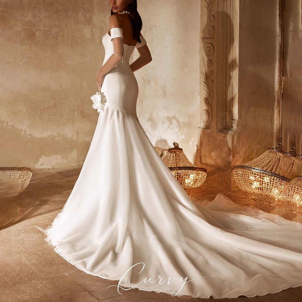 Curvy Vintage Elegant Strapless Satin Wedding Dresses for Women Off-Shoulder Mesh Sleeves Mermaid Train Customized 2026