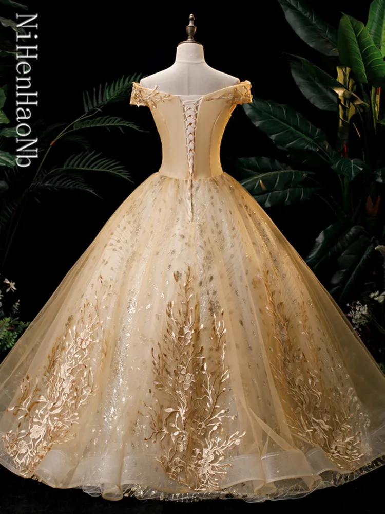 Gaun Gold Quinceanera gaun pesta bahu terbuka gaun pesta Prom gaun pesta dansa gaun klasik Quinceanera ukuran Plus Vestidos