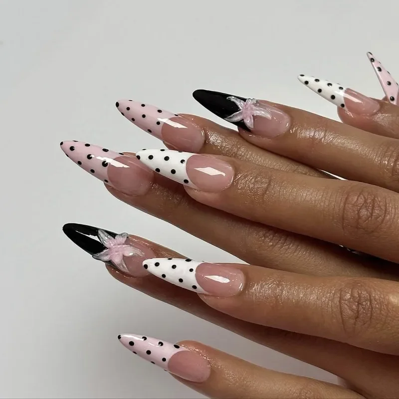 

24 шт., черно-белые накладные ногти с французским кончиком, цветочный дизайн в горошек, пресс для ногтей, сладкий крутой съемный элегантный набор накладных ногтей, искусство
