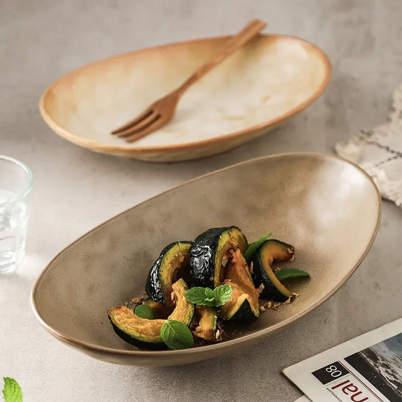 Japanese Retro Ceramic Plate Oval Dish Fish Plate Salad Bowl Cold Dish Boat Shape Tableware