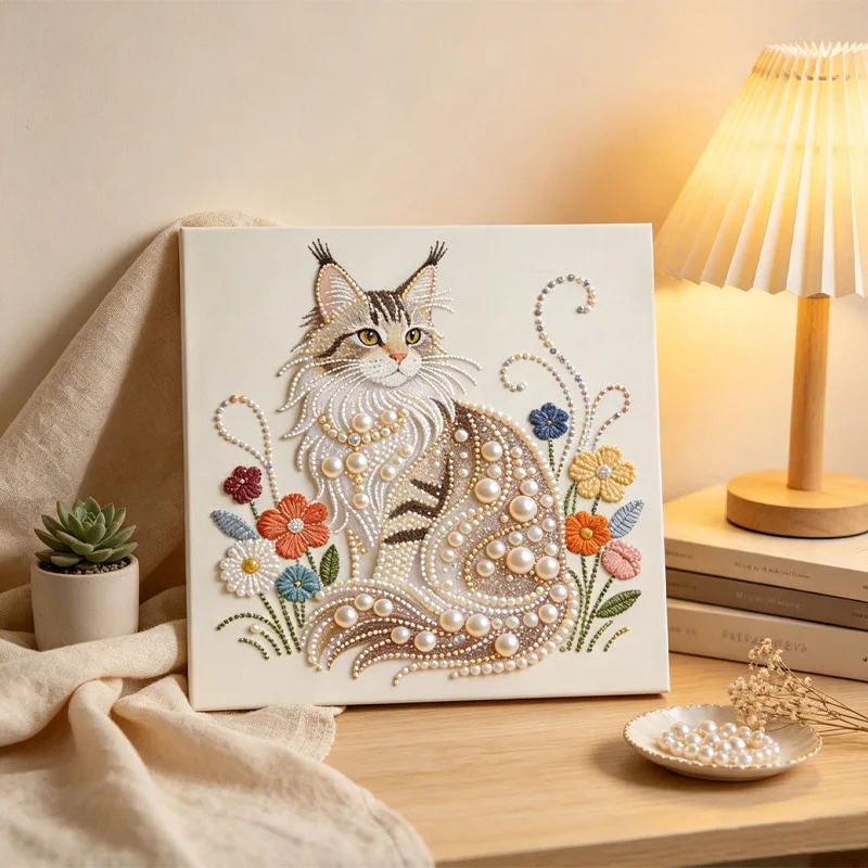 Cat Pearl Painting, Pet-Themed Diamond Painting, Handmade DIY Pearl Painting for Dogs (Cats, Dogs, Elephants, White Horses, Tabby Cats, Maine  Cats, Various Styles Available), Handmade Home Decor Painting, Handmade Christmas Hanging Ornaments Kit for Adults, Easy to Use and Stress-Relieving, Beginner-Friendly, Ideal Gift for Handmade Enthusiasts, Suitable for Halloween, Christmas, and Thanksgiving Decorations