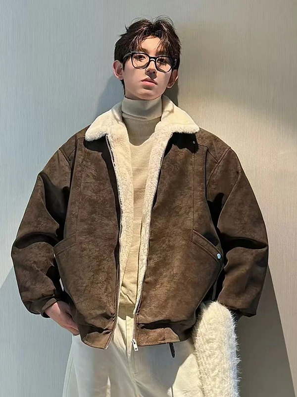 

Пара Thiened American Retro Sle Cotton Jaet Lamb Velvet из искусственной кожи, тяжелое зимнее пальто, теплое длинное свечное пальто на молнии...