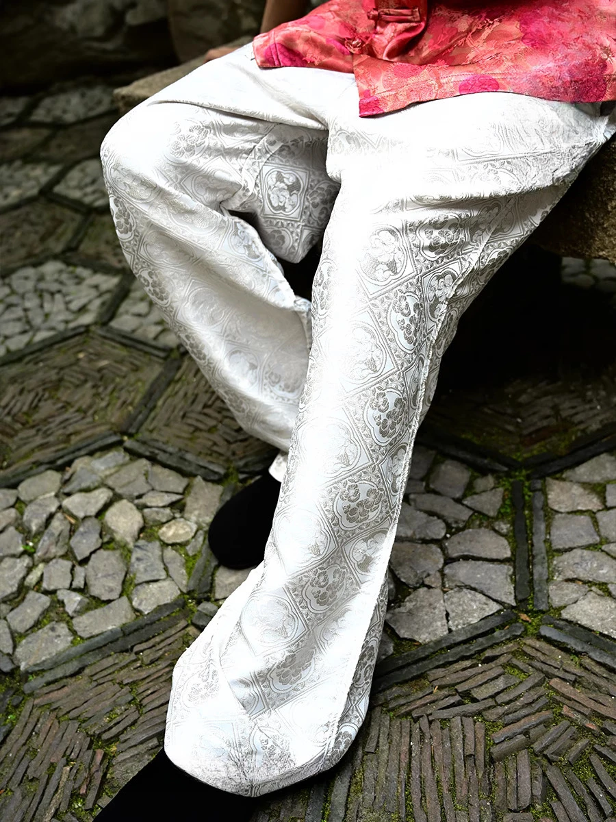 Light Luxury Jacquard Satin Trousers Men's 2025 Four-season Wear New Solid Color Straight Trousers Male Fashion Handsome Pants