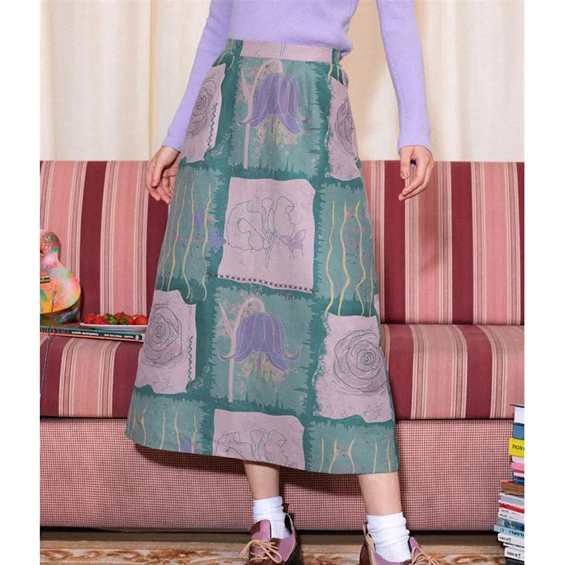 

Модная юбка-миди с принтом, женская литературная полуюбка трапециевидной формы в стиле ретро, осенне-зимний дизайн, универсальная юбка с цветными блоками
