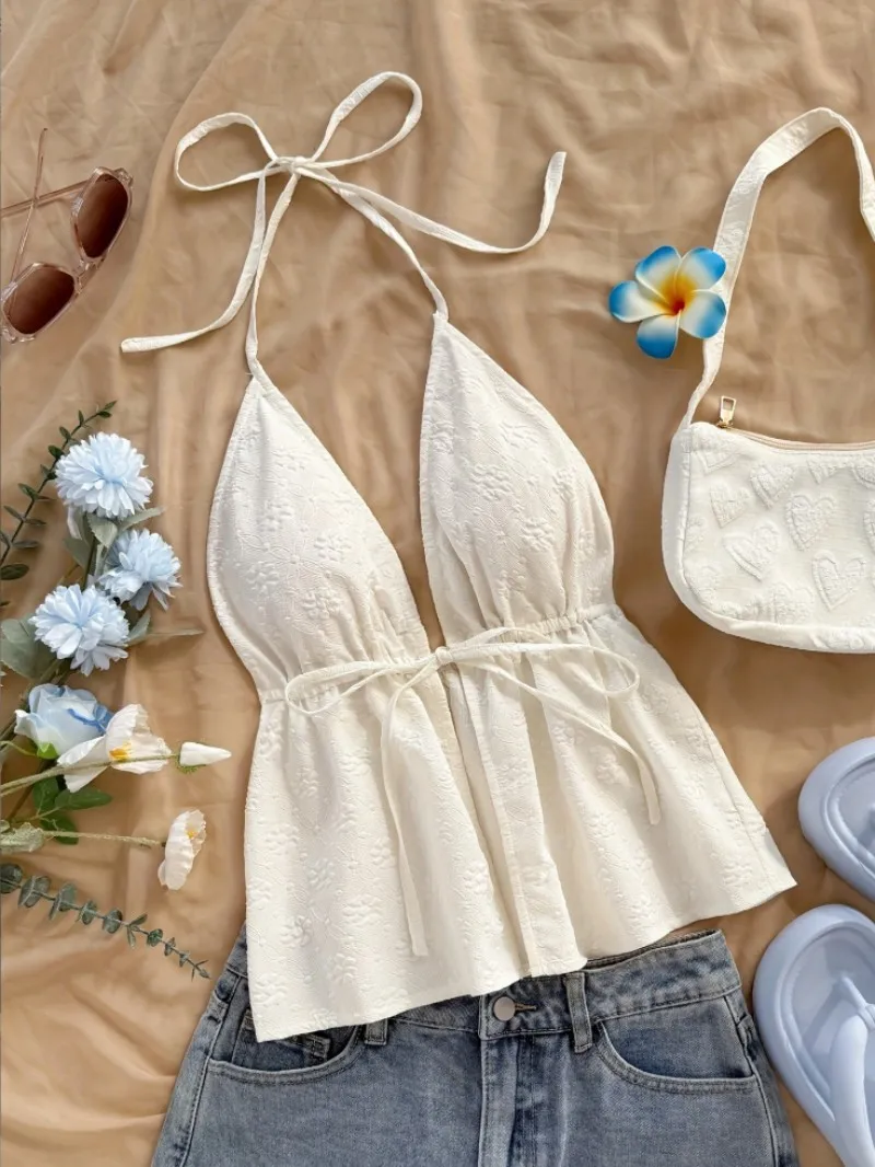 Women's Summer Casual V-Neck Tie-Back Textured White Camisole, Suitable for Parties, Vacations, Dates, Valentine's Day, Afternoo