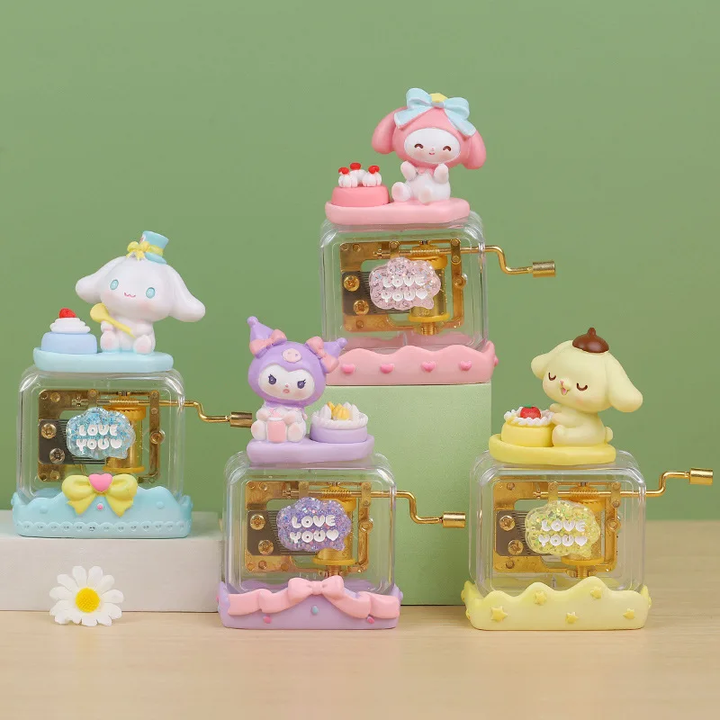 Sanrio Handcranked Music Box Serie Desktop Ornament Figure My Melody Kuroomi Cinnamoroll Pudding Dog Music Box Kid Birthday Gift