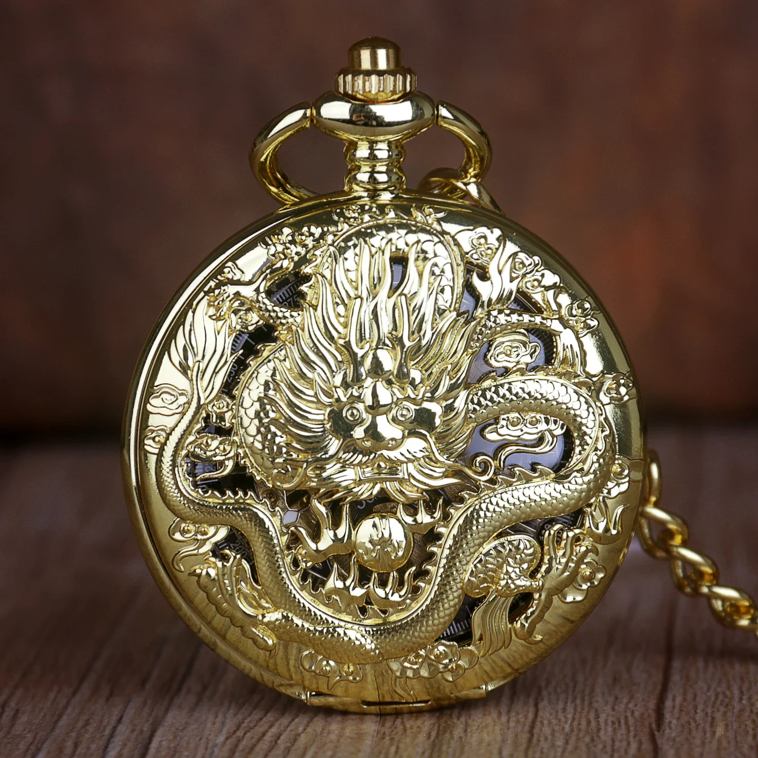 

Unique Beautiful Chinese Dragon Design Pocket Watch Mechanical For Men Vintage 2 Sides Open Case Skeleton Hand Wind Fob Watch