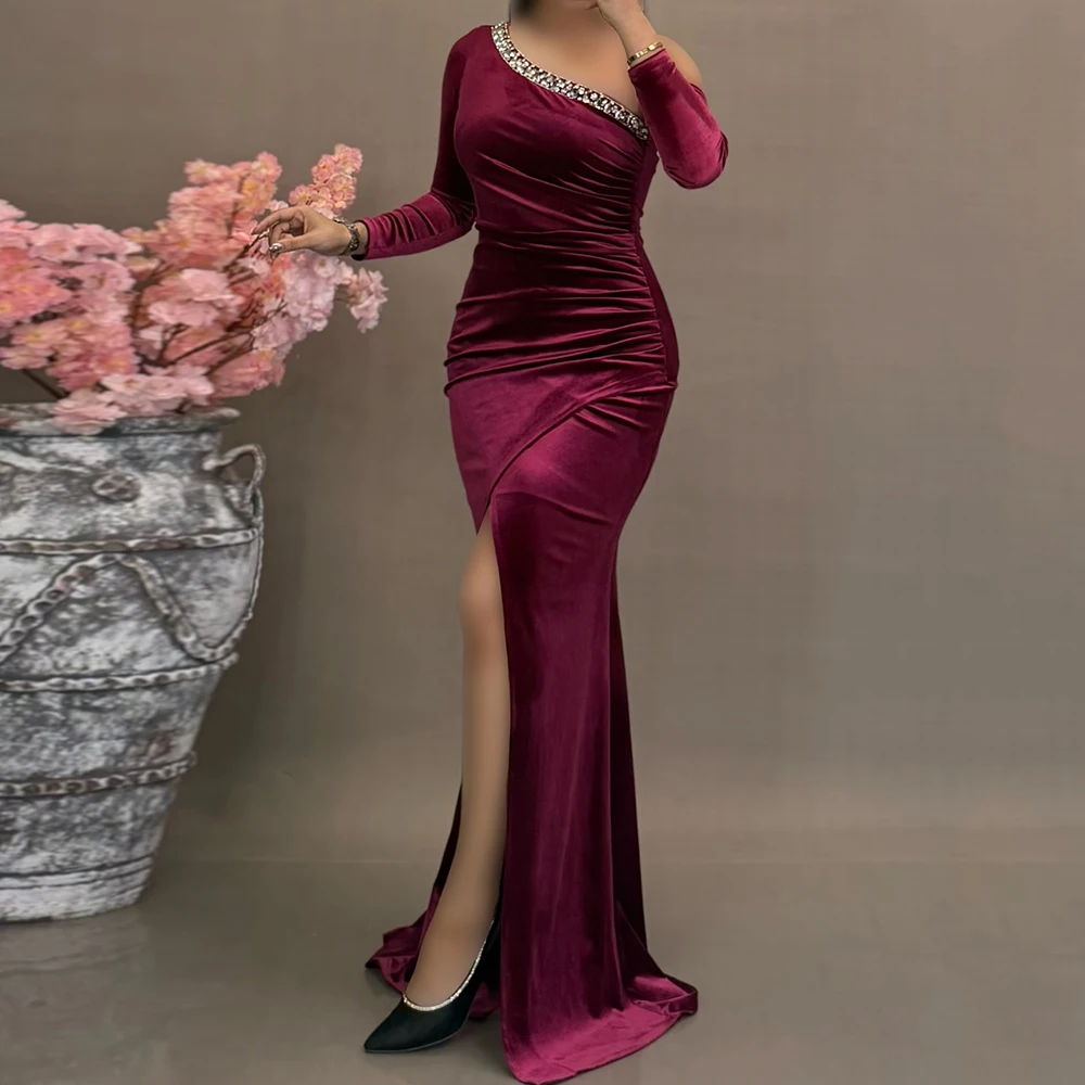 

Women's A-line Evening Dresses Floor-length One-shoulder Full Sleeve Prom Gown Fashion Crystal Simple Draped Customized Gowns