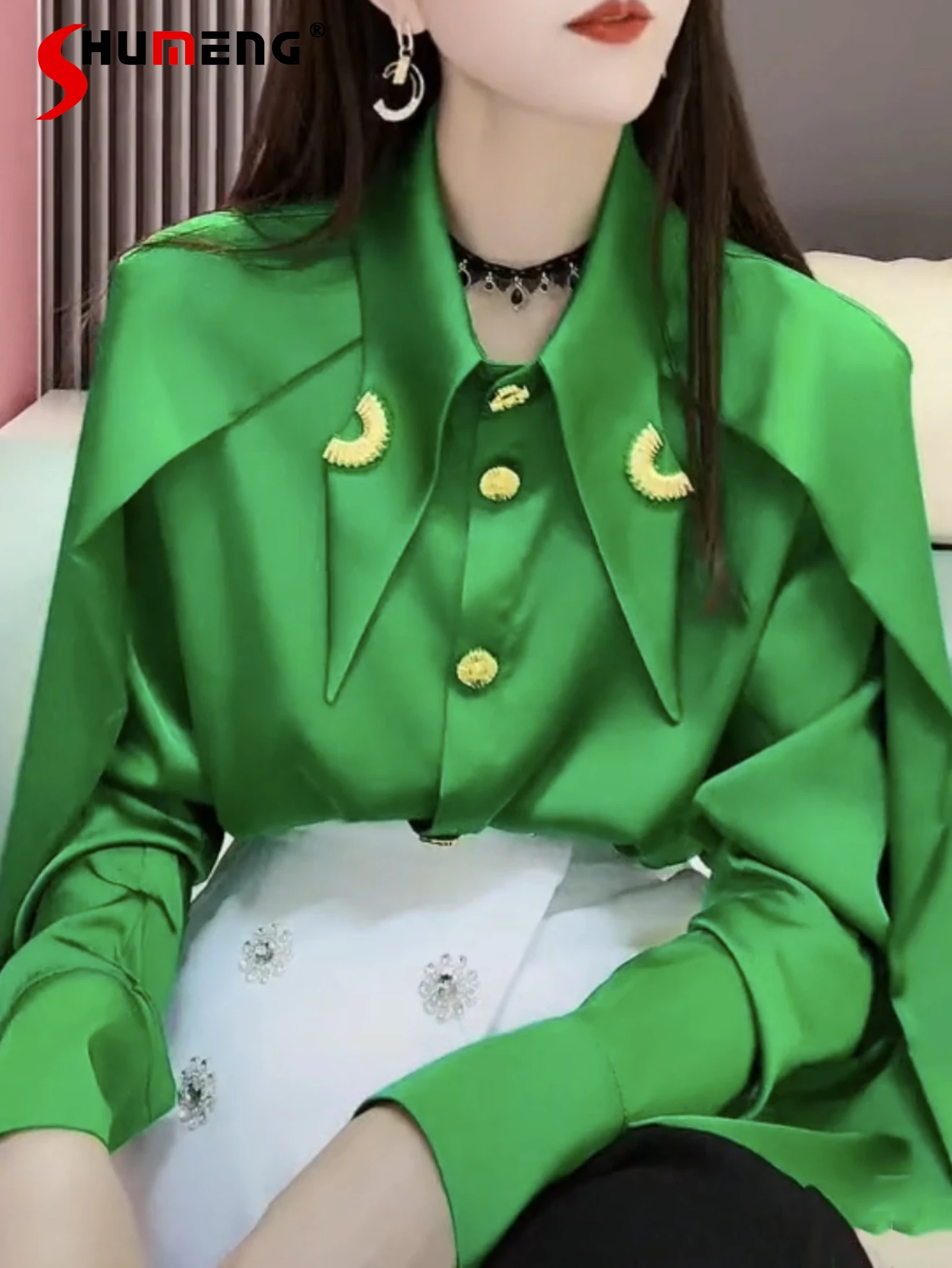 

Elegance Long Sleeve Green Shirt for Women 2023 Spring New French Chic Long Sleeve Polo Collar Button Up Thin Top Woman Shirts