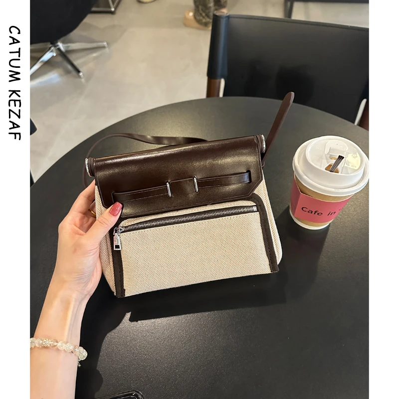 

um Kez 2025 New Sle Genuine Leather Bag Canvas oulder Crossbody Small Bag Simple Ele Briti Sle Purse
