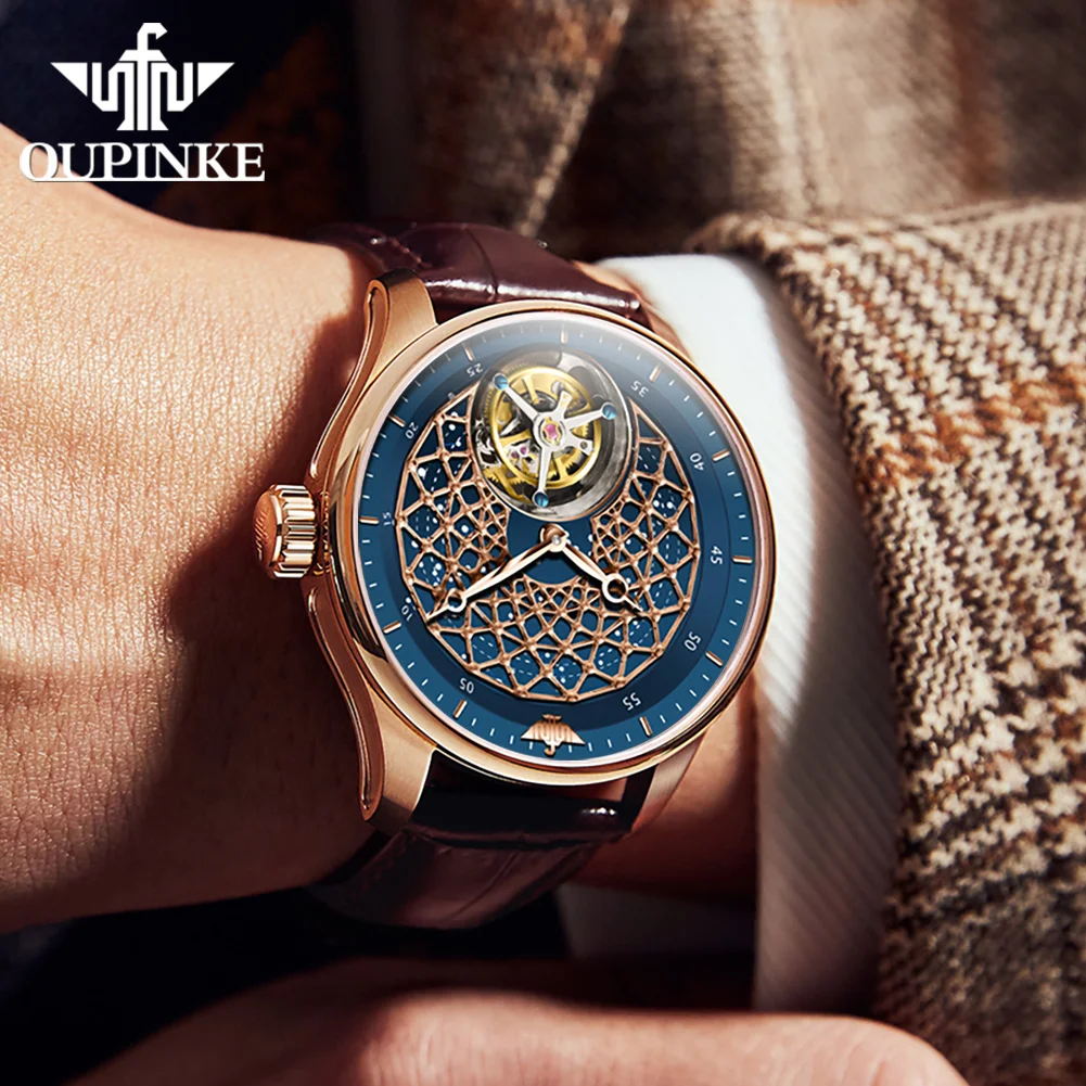 OUPINKE 8002 Tourbillon Mechanical Dress Watch For Men Deep Waterproof Top Brand Wristwatch Original Hollow Flywheel Man Watches