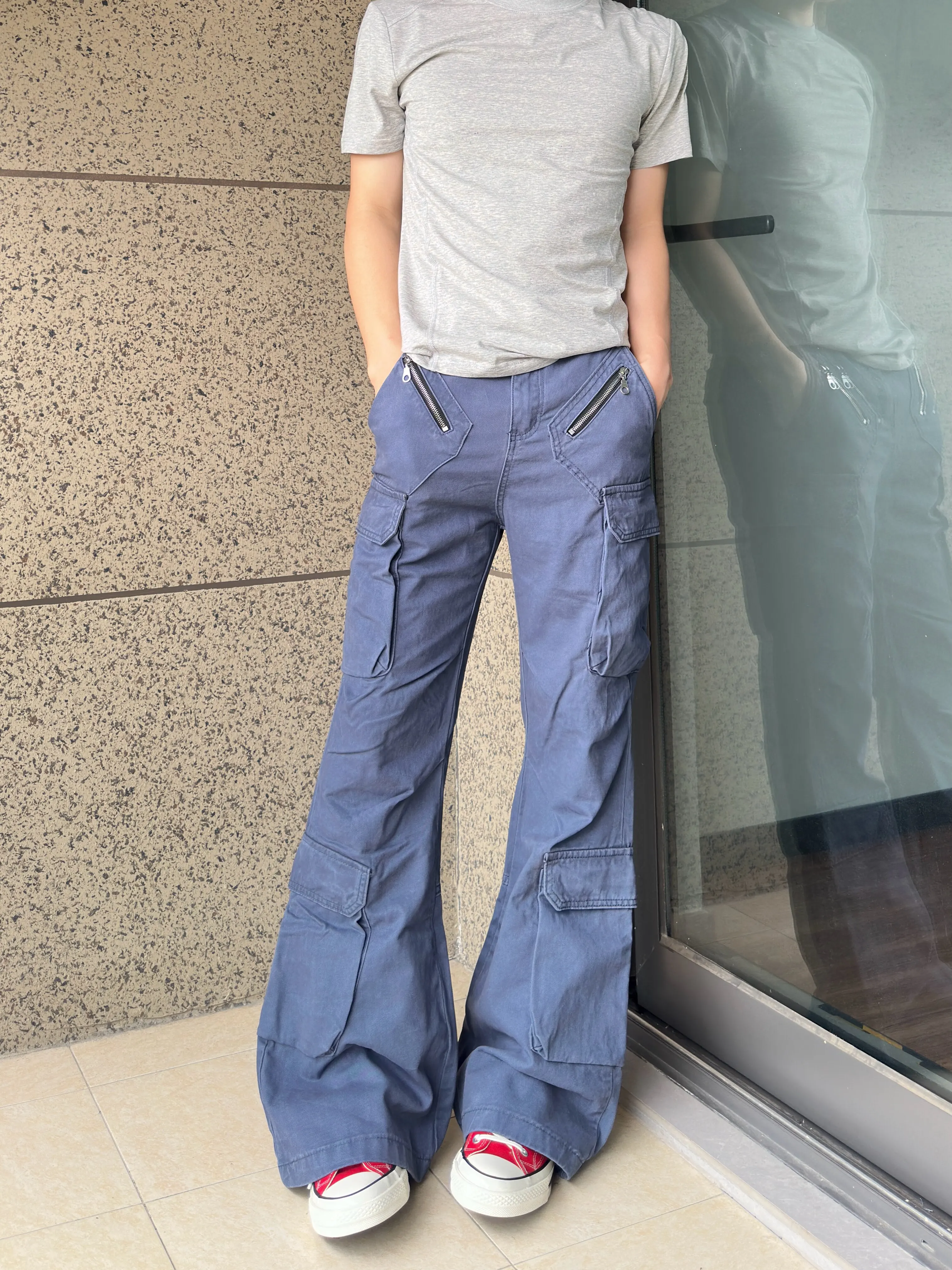 American Street Style Blue Denim Work Trousers Casual Long Boots Cut Heavy Multi Pocket Gardeners Dungarees Slimming Flared P...