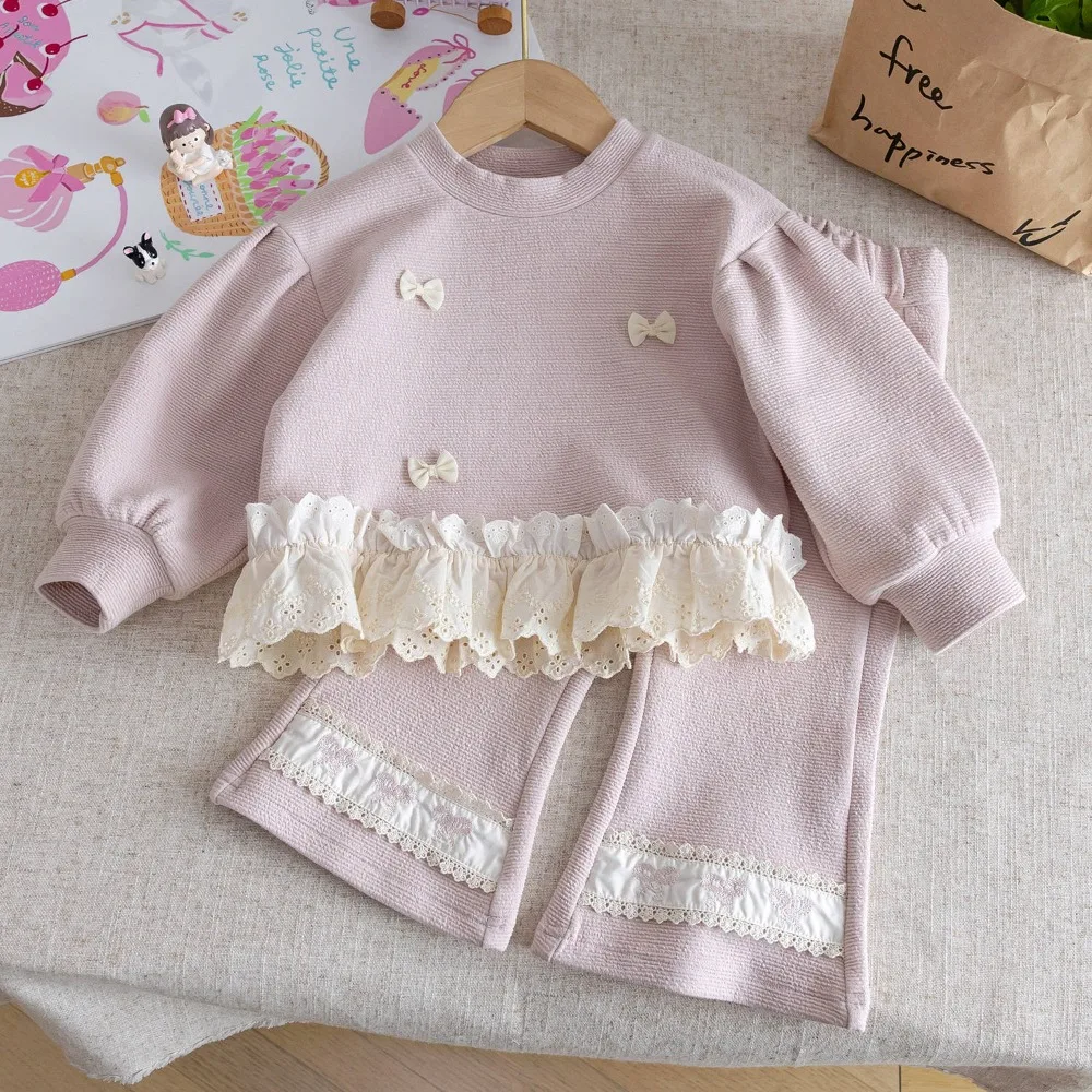

Korean Version Sweet Autumn New Girl Casual Suit Round Neck Bow Lace Long Sleeved Top+pants Two-piece Set for Children
