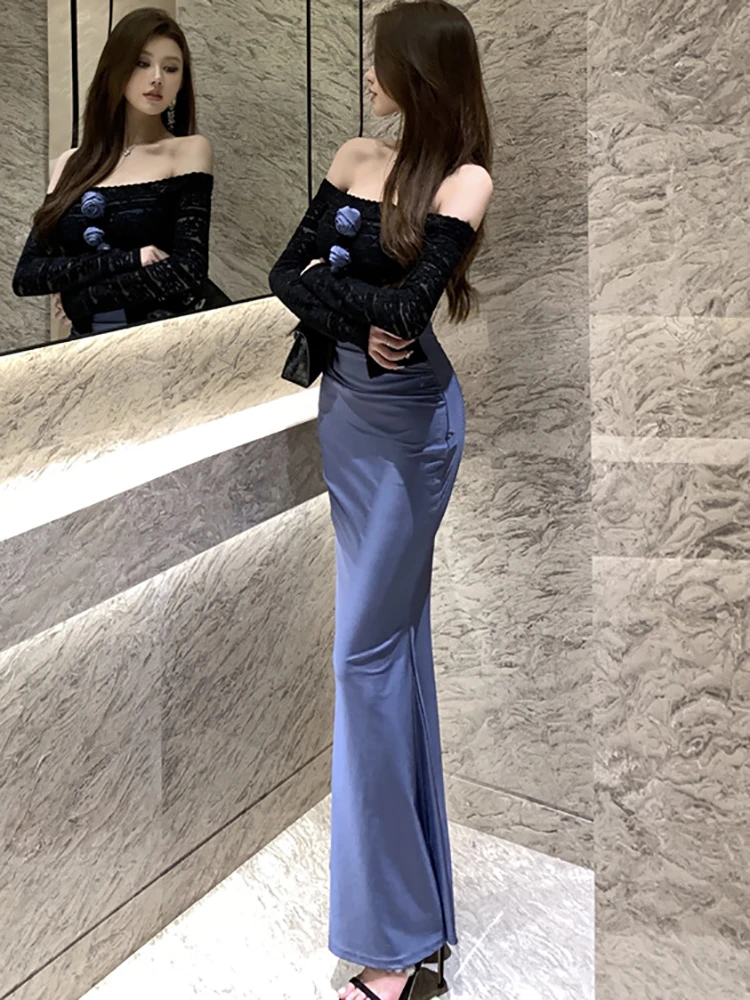 2025 bleu Patchwork noir dentelle Slash cou Sexy longue robe femmes élégant faux deux pièces robe automne hiver coréen robe moulante