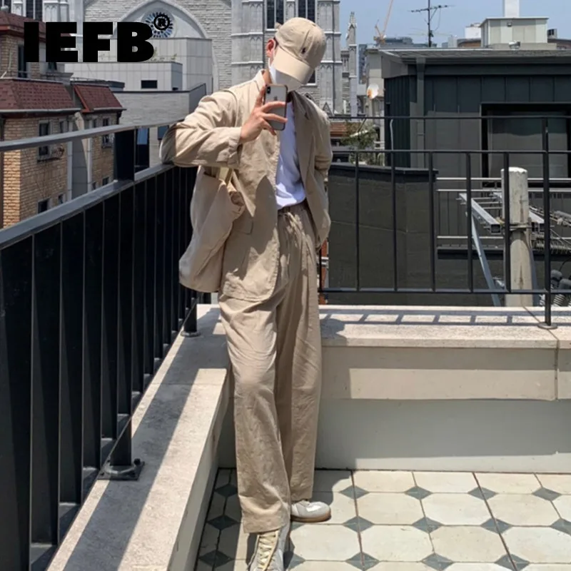 IEFB Korean Style Men\'s Suits Loose Lapel Long Sleeve Single Breasted Casual Lace-up Pants New Stylish Summer 2024 9C6296