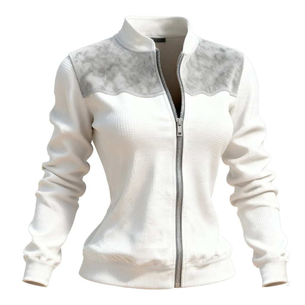 

3XL Women's Waffle Knit Color Block Zip Up Jacket Casual Stand Collar Long Sleeve Lightweight White Gray Top