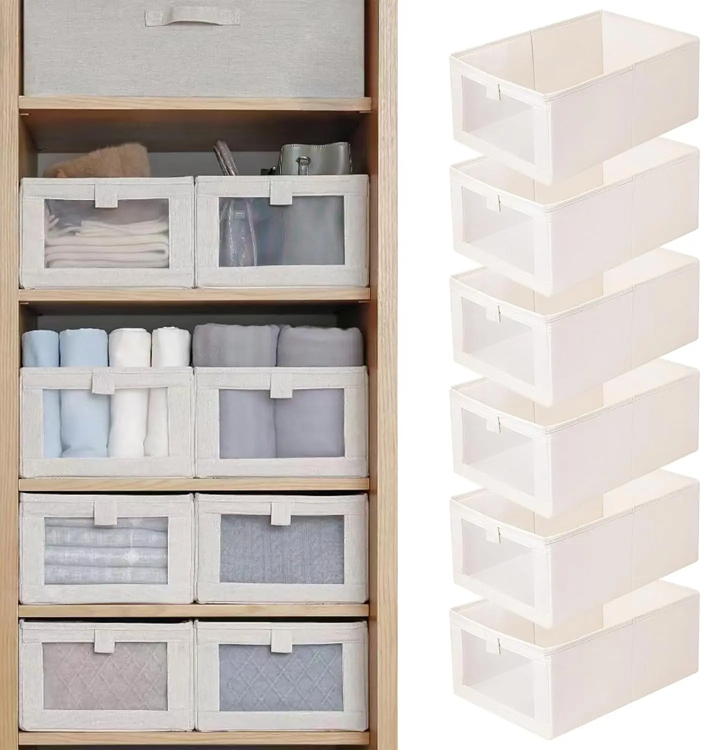 

6-Pack Foldable Linen Storage Bins with Clear Window for Closet Organization, Clothing & Shelves