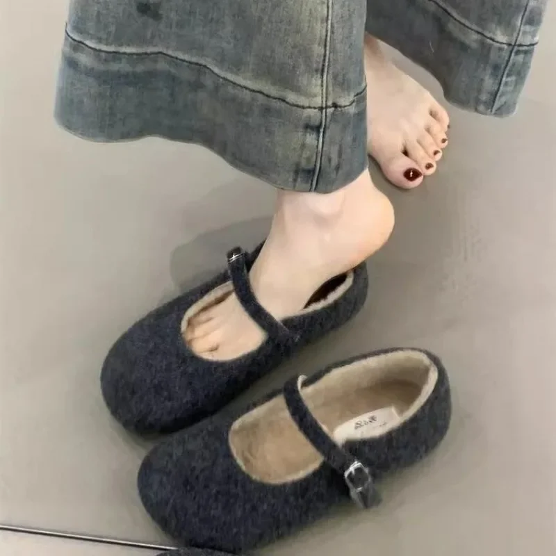 Fashion Square Toe Fleece Flet Ballet Flats Woman Winter Warm Wool Mary Jane Shoes Ladies Brand Design Elegant Plush Loafers