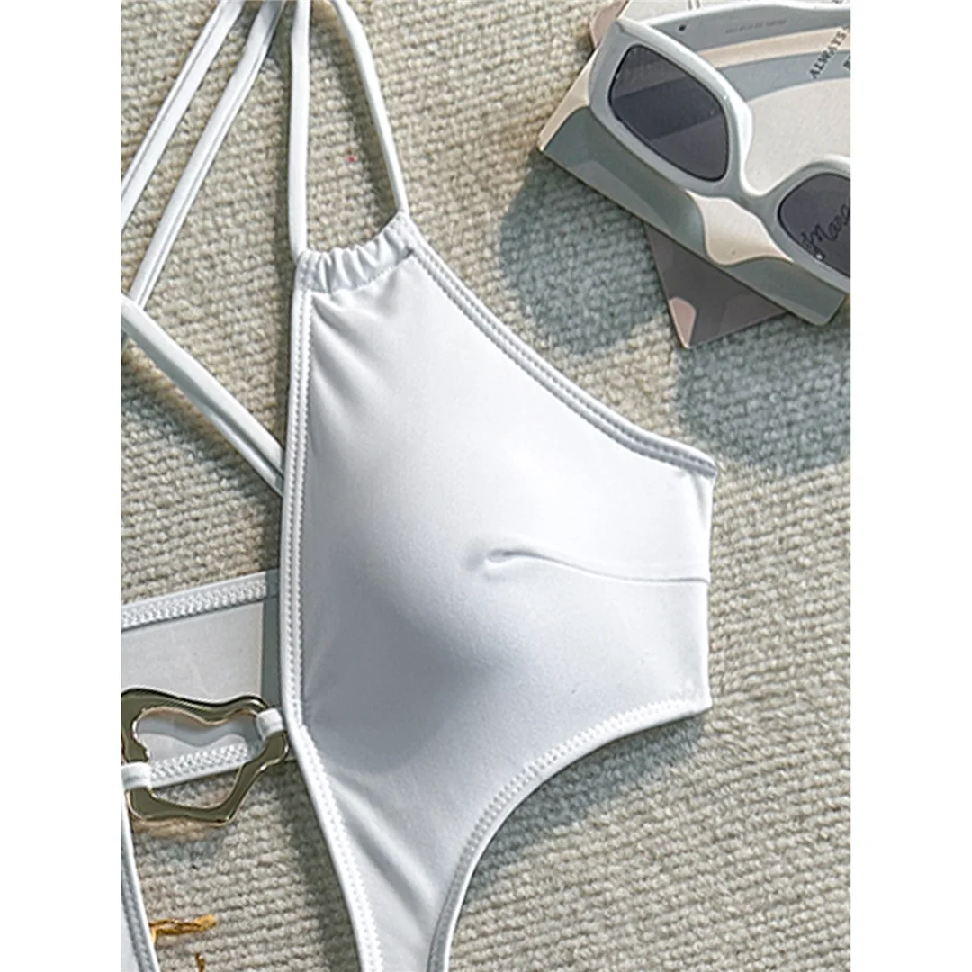 Sexy Badeanzug für Damen mit Metallring-Ausschnitt und Kreuzrücken, einteiliger Badeanzug, hoch geschnittene Beine, Monokini, Badebekleidung, Badeanzug V7566 – Detail 21