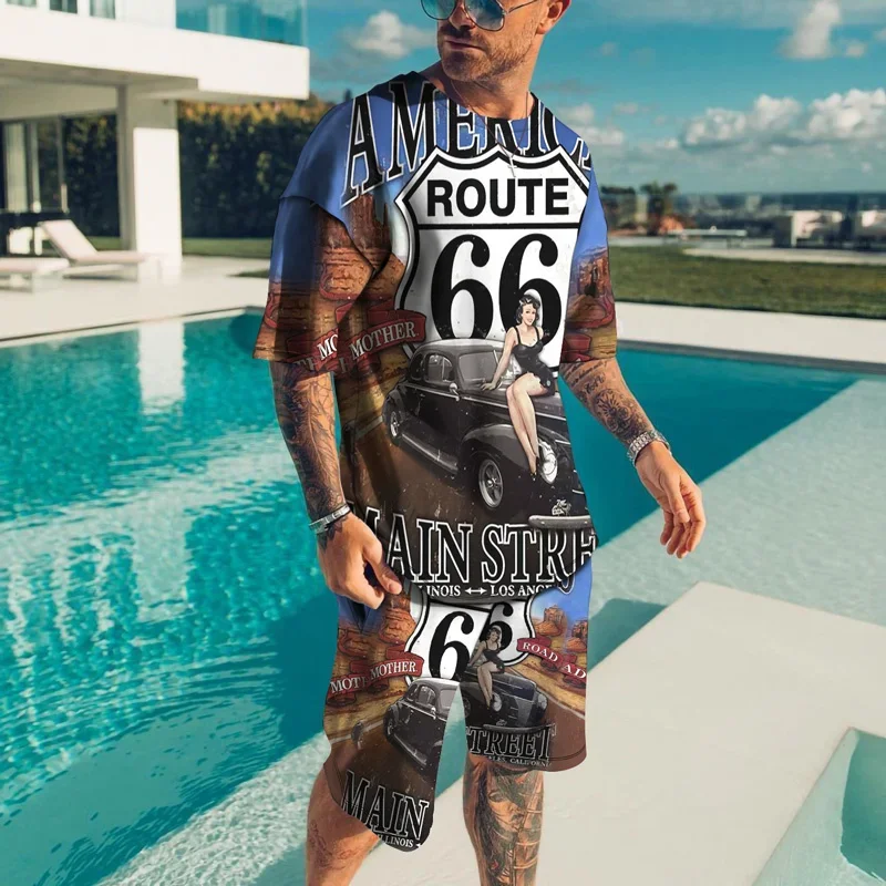 Casual Fashion 3D Men's T-Shirt Suit Sportswear Men's Oversized Clothing T-Shirt Shorts Suit Men's T-Shirt Suit Hawaii Beach