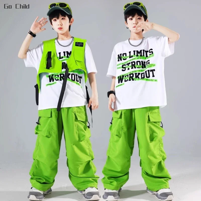 Girls Hip Hop Solid Vest T-shirt Cargo Pants Boys K-pop Street Dance Shorts Clothes Sets Kids Jazz Costumes Children Streetwear