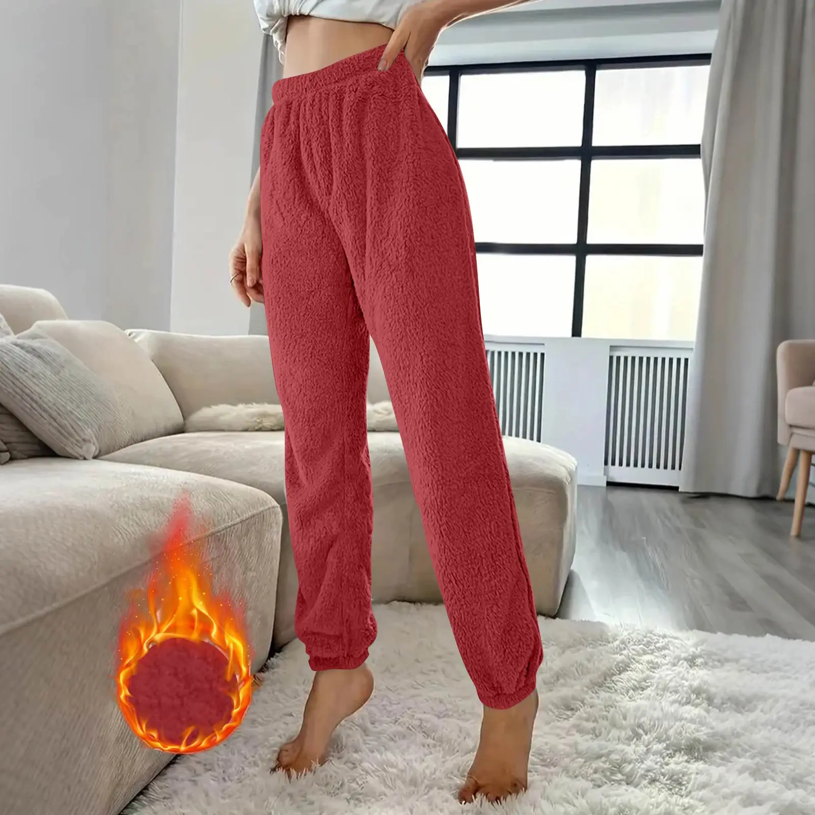 

Women's Fall/Winter Solid-Color Fashionable Fleece-Lined Casual Pants Loose-Fit Comfortable Fleece Pants Warm Sleep Bottoms