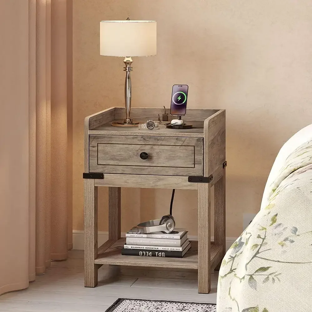 Bedside Table Nightstand USB Charging Station Drawer Farmhouse Style Storage Shelf Wood Gray