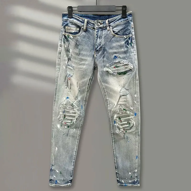 

2023 Spring Color Splash Print Jean Hombre Motorcycle Pants Ripped Jean Noir Homme Zipper Jean For Men High Street Wash Water