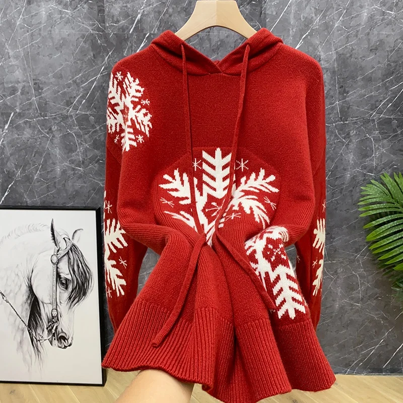

Vintage Pattern Heavyweight Australian Pure Wool Red Knitted Hat Sweater New Year Sle Women's Loose Fit Long Sve Top