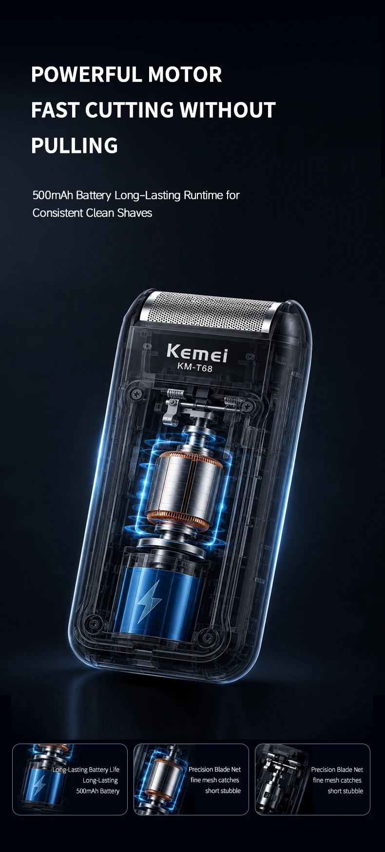 Kemei T68 Elektrorasierer für Männer wiederaufladbar Original Typ C der beste Herrenrasierer – Detail 4