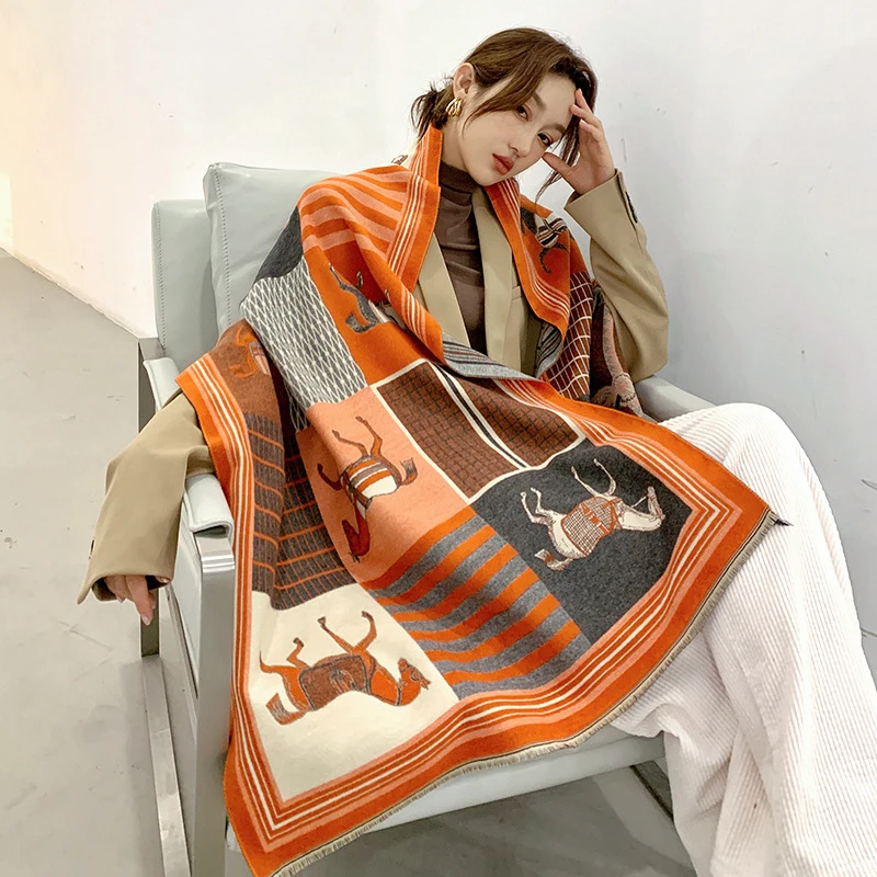 2023 Animal Print Winter Cashmere Scarf Women Thick Warm Shawls Wraps Luxury Brand Horse Printed Pashmina Blanket Cape