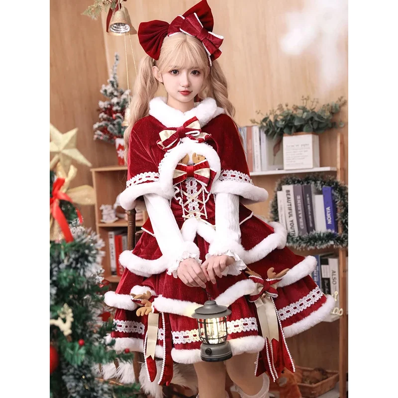 

New original Lolita New Year costume Gorgeous elegant red dress Cape Christmas party sweet cute girl Lolita suit