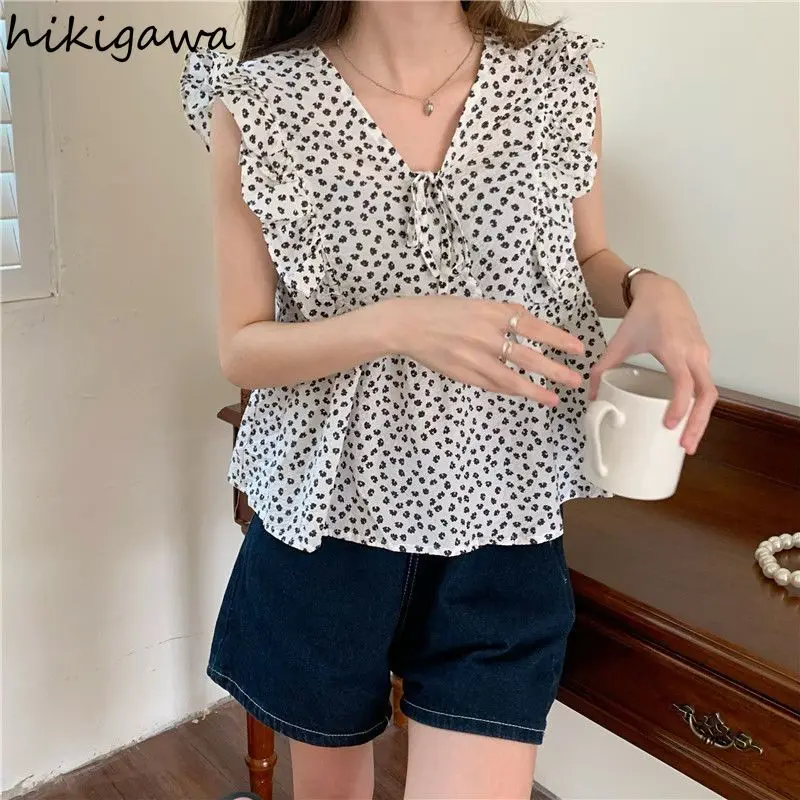 Summer Floral Blouses for Women V-neck Sleeveless Loose Crop Tops Korean Fashion Temperament Shirts 2024 Blusas Mujer De Moda