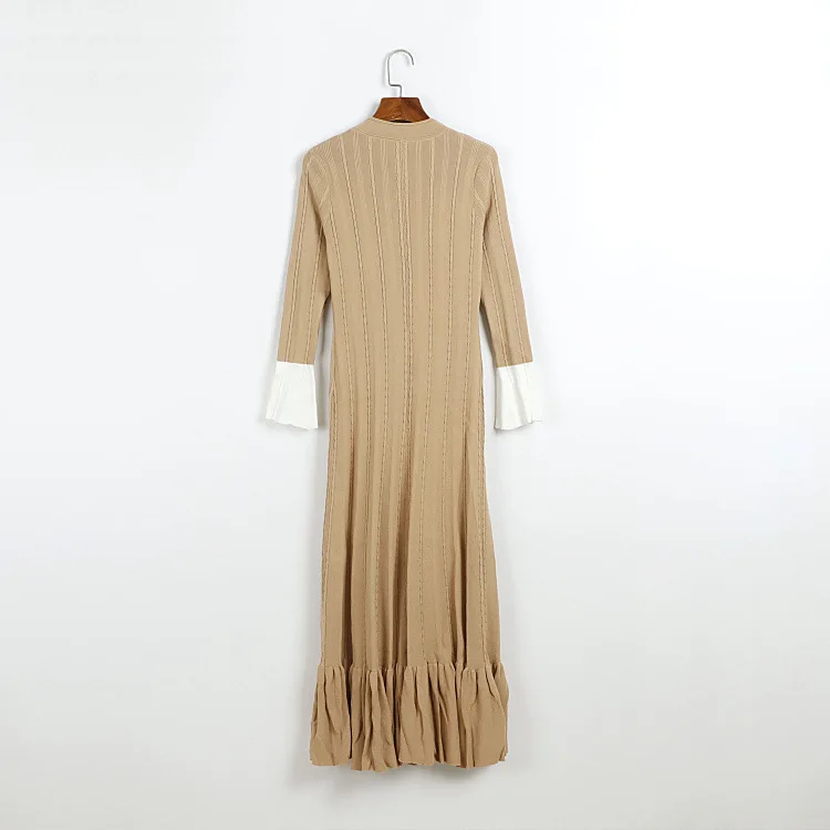 Vestido maxi de malha com nervuras feminino com decote em v botão contraste punhos manga longa em camadas plissado vestidos elegantes 2026 outono/inverno vestido
