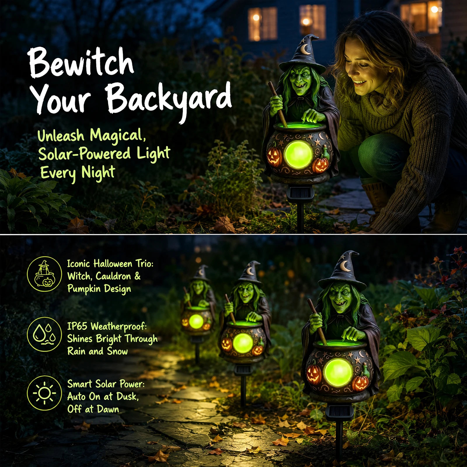 Outdoor Solar Stake Light Halloween Witch Cauldron Pumpkin Resin Garden Lantern Dusk to Dawn Auto On Off Yard