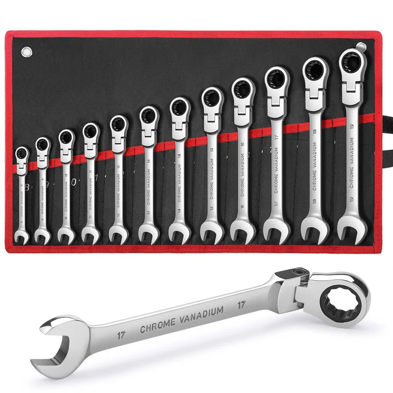 Ratcheting Combination Wrench Set Metric Flexible Head Spanner Set Chrome Vanadium Steel CR-V Flex-Head Ratchet Wrench Set