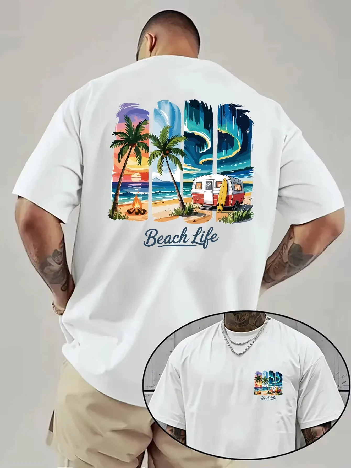 Unisex Beach Life Graphic T Shirt Palm Tree RV Camper Surf Front Back Print Short Sleeve Crew Neck Summer Vacation Casual Tee