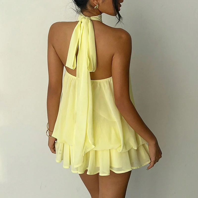 French Style Solid Color Women's Halter Neck Sleeveless Off Shoulder Backless A Line Mini Spicy Girl Beach Vacation Dresses