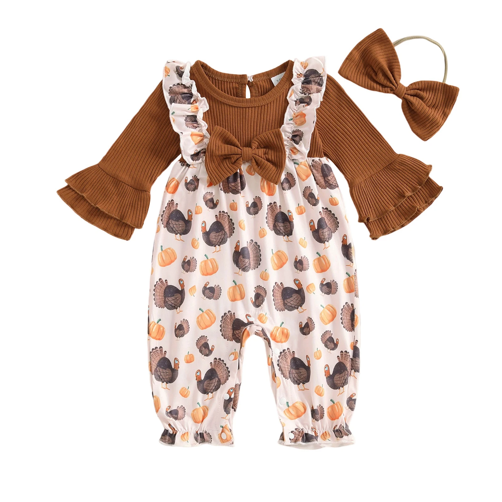 

Наряд на День Благодарения для маленьких девочек, комбинезон с длинными рукавами и принтом тыквы, одинаковый комплект с повязкой на голову на осень