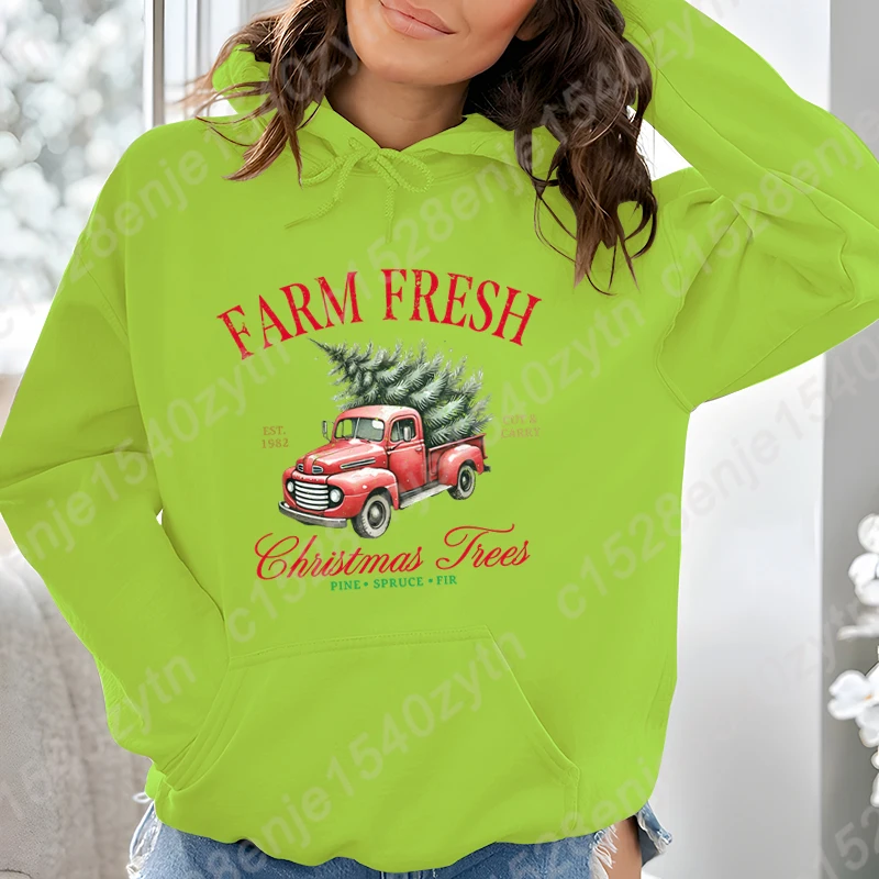 New Women Hoodie Farm Fresh Christmas Trees Pine Spruce Fir Print Autumn Winter Hoodies Loose Hooded Sweatshirt Pocket Pullovers