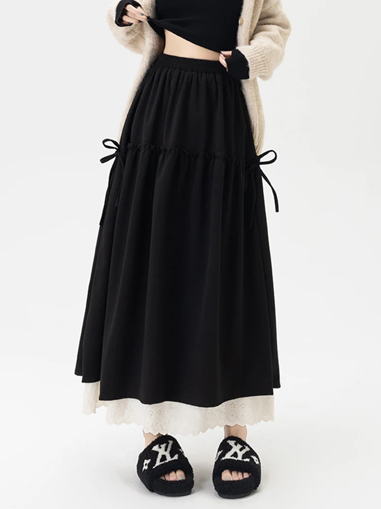 Saia Bla de Cintura Alta em A com Painéis de Renda e Cinto Primavera 2026 Moda Feminina Ciwalk Ajuste Solto com Zíper